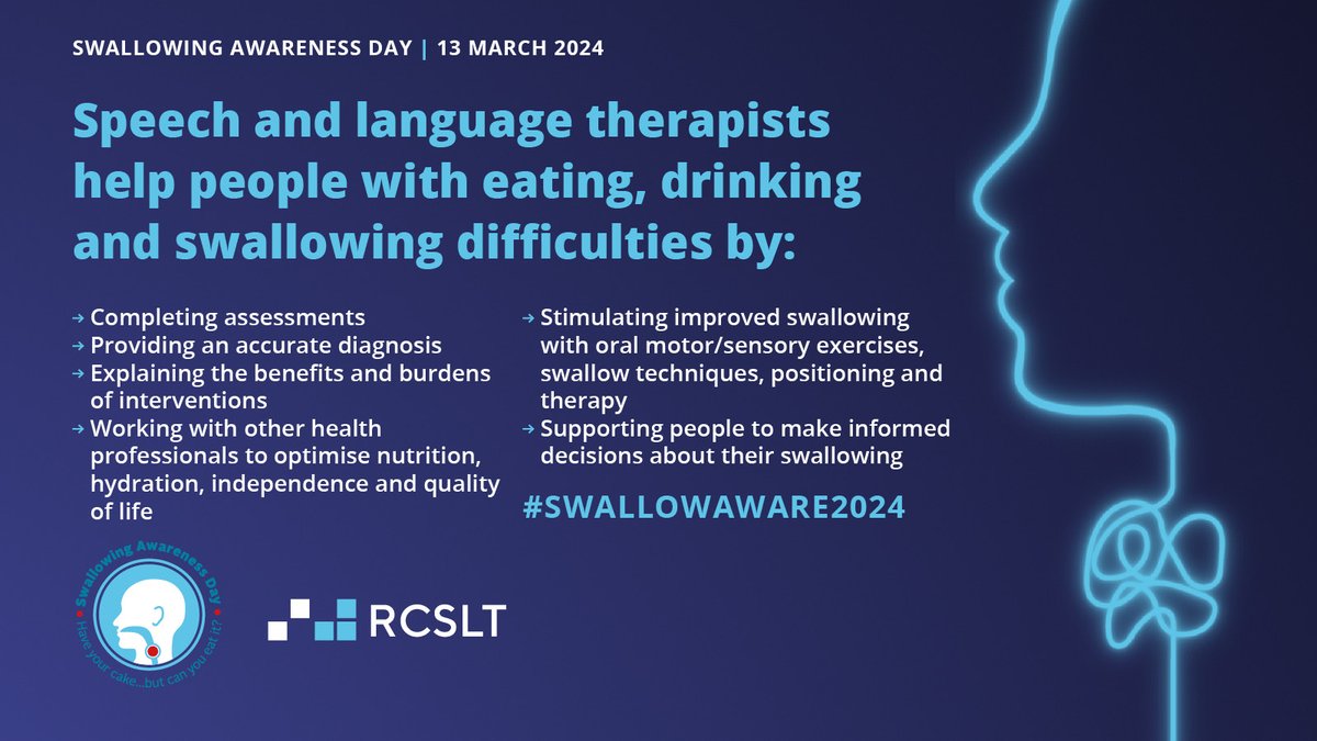 SLTs play a huge role in the assessment, diagnosis and management of swallowing difficulties in people of all ages.
👇Have a read below of all the things we get involved with! 👇 #SwallowAware2024 #SwallowingAwarenessDay2024