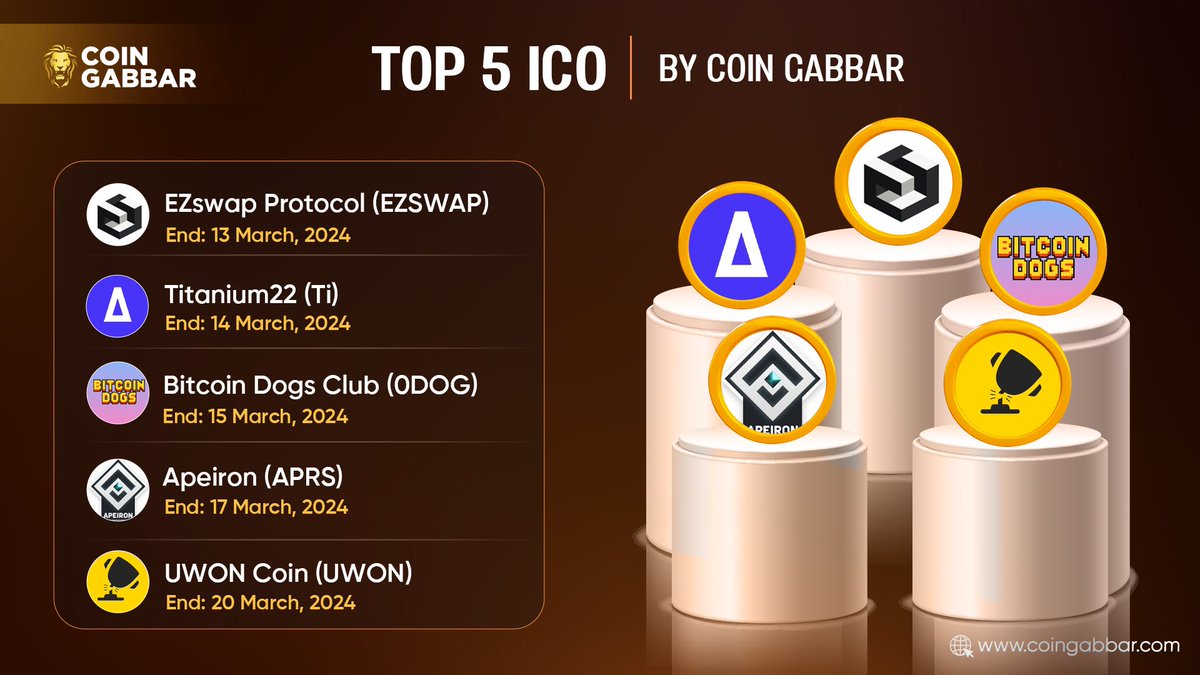 coin_gabbar_'s tweet photo. 🔥 Top 5 ICO by #CoinGabbar 🔥
▶️ $EZSWAP - 13-Mar
▶️ $Ti - 14-Mar
▶️ #0DOG - 15-Mar
▶️ $APRS - 17-Mar
▶️ $UWON - 20-Mar
Visit: https://t.co/ILuYxlkyJk
#ICO #CryptoICO #EZswapProtocol #Titanium22 #3BitcoinDogsClub #Apeiron #UWONCoin #Cryptocurency #CryptoInvesting