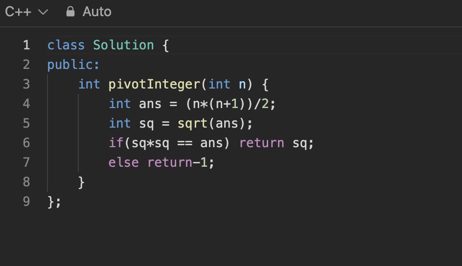 _iam_Rishabh's tweet photo. π Dive into Day 11 of @LeetCode #DailyProblemSolving! π Today's challenge: finding the elusive "pivot integer" π‘ Can you crack the code and discover the integer where the sum from 1 to x is equal to x toi n ? π»π¬ Let's brainstorm, code, and conquer together! https://t.co/LuP0IcOs9s