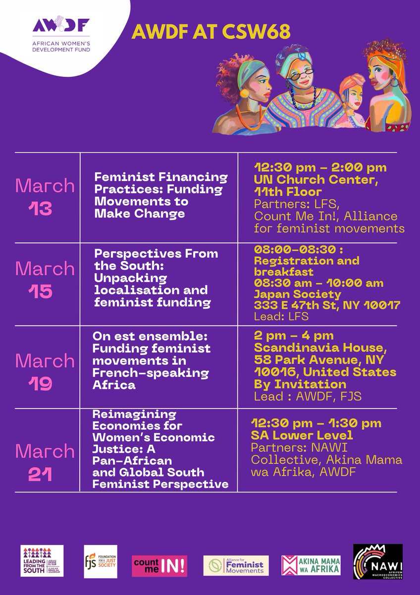 African Women's Development Fund (@awdf01) on Twitter photo Are you at #CSW68?
We are š
Thrilled to unveil our plansĀ for the Commission on the Status of Womenās Rights <a href="/UN_CSW/">United Nations CSW</a> takingĀ place from 11ā22, March 2024. If you are in New York, letās connect. Your presence will be invaluable! More informations here awdf.org/join-awdf-even⦠Are you at #CSW68?
We are š
Thrilled to unveil our plansĀ for the Commission on the Status of Womenās Rights <a href="/UN_CSW/">United Nations CSW</a> takingĀ place from 11ā22, March 2024. If you are in New York, letās connect. Your presence will be invaluable! More informations here awdf.org/join-awdf-evenā¦