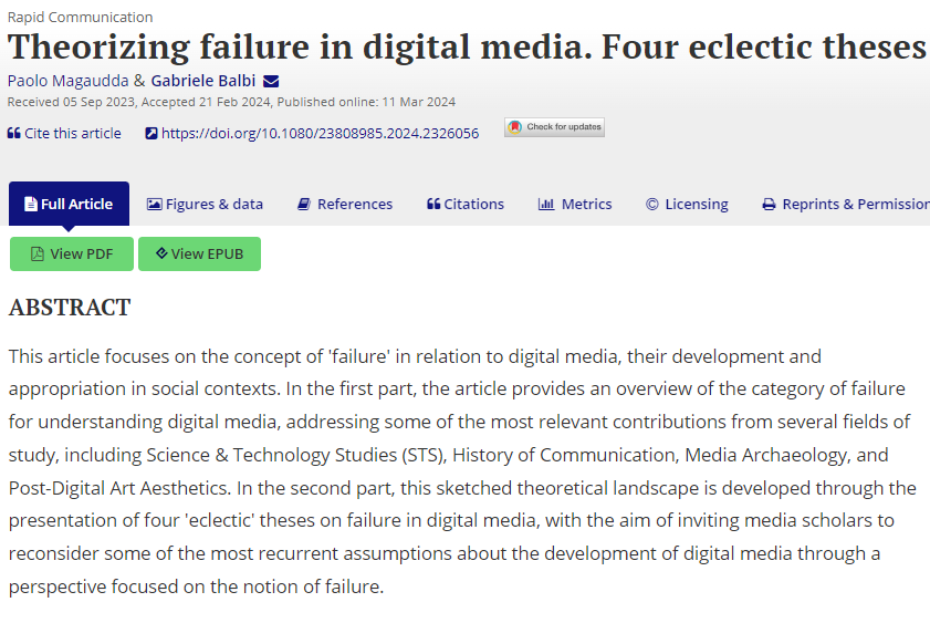 New OA paper on the theory of #failure in #digitalmedia, by <a href="/magauddap/">Paolo Magaudda</a> and myself, published by the Annals of the <a href="/icahdq/">International Communication Association</a> 
 
Interested in what (digital media) failure means, disciplines which have been studying it, and four theses in how to approach it?

tandfonline.com/doi/full/10.10…