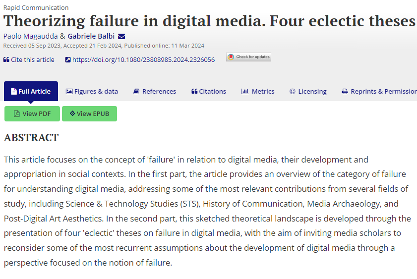 New OA paper on the theory of #failure in #digitalmedia, by @magauddap and myself, published by the Annals of the @icahdq Interested in what (digital media) failure means, disciplines which have been studying it, and four theses in how to approach it? tandfonline.com/doi/full/10.10…