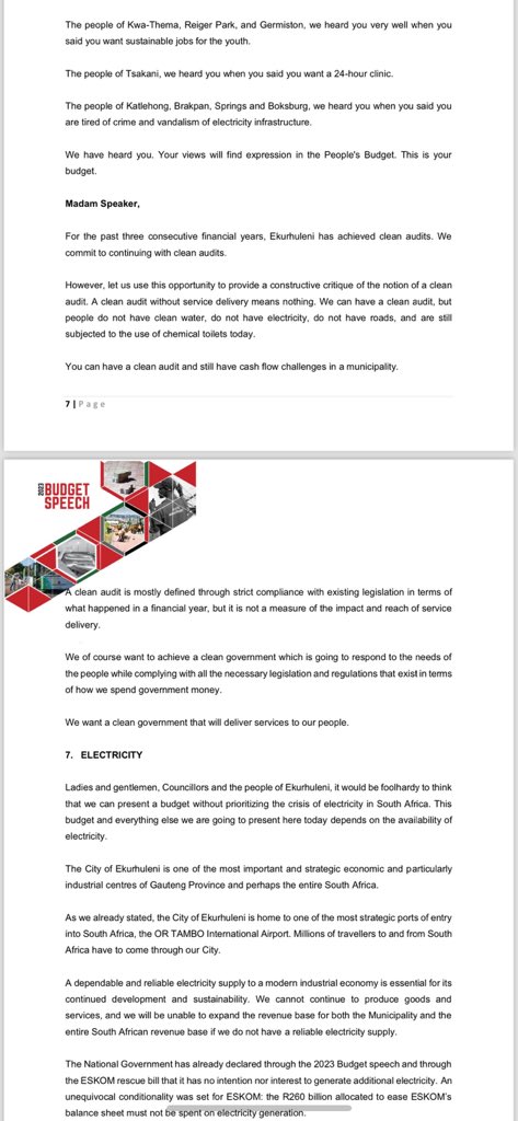 FloydShivambu's tweet photo. Well done Ekurhuleni and this should be understood with the commitment made in the budget speech. The MMC, EFF Gauteng Chairperson Nkululeko Dunga said, “ We commit to continuing with clean audits. However, let us use this opportunity to provide a constructive critique of the notion of a clean audit. A clean audit without service delivery means nothing. We can have a clean audit, but people do not have clean water, do not have electricity, do not have roads, and are still subjected to the use of chemical toilets today. You can have a clean audit and still have cash flow challenges in a municipality.

A clean audit is mostly defined through strict compliance with existing legislation in terms of what happened in a financial year, but it is not a measure of the impact and reach of service delivery. We of course want to achieve a clean government which is going to respond to the needs of the people while complying with all the necessary legislation and regulations that exist in terms of how we spend government money.

We want a clean government that will deliver services to our people”.

What is immediately important in Ekurhuleni, also in NMB, CoJ and Ethekwini is stabilization and enhancement of revenue collection so that there is enough resources to meet service delivery obligations.