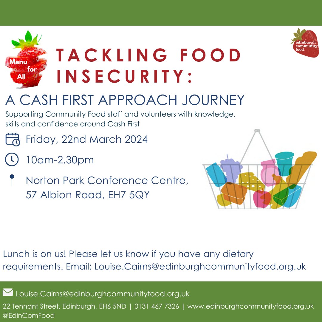 We still have tickets available for our #CashFirst event on Fri 22nd March.
💡  Tackling #FoodInsecurity: A Cash First Approach Journey Event
📅 Fri 22nd March 2024, 10am – 2.30pm
📍  @Norton_Park Conference Centre, 57 Albion Road, EH7 5QY
🎫Book a ticket: bit.ly/3Ti7Y8x