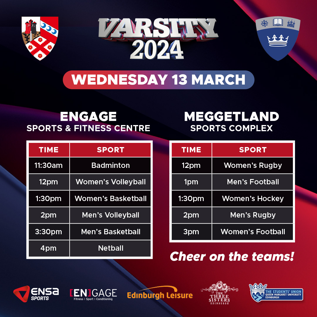 Today @EdinburghNapier takes on @QMUniversity across 11 sporting fixtures to compete for the Varsity Cup! Head along to ENGAGE or Meggetland to support the teams - all fixtures are free to attend. napierstudents.com/varsity