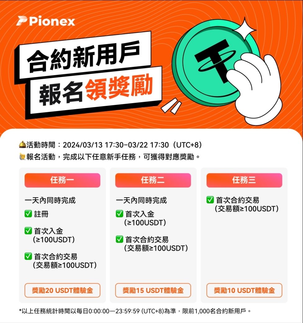 #Pionex #派網
<a href="/pionex/"></a> <a href="/pionex_zh/">Pionex派网中文 🤖️</a>
合約新用戶，報名領獎勵

活動時間：2024/3/13~2024/3/23

註冊：pionex.com/signUp?r=47YyE…（邀請碼：47YyEawT）

活動內容：pionex.com/activities/com…