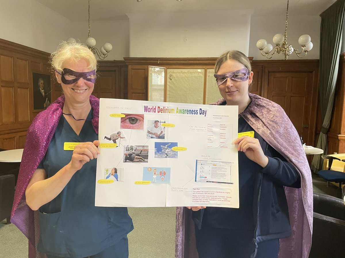 #WDAD2024 in @nhsggc 💜💜💜 Older Peoples Services Pharmacy team in #GRI highlighting the SIGN Delirium Guideline recommendation for all patients at risk of delirium to have a medication review💊Delirium Superheroes watch out for the anticholinergic burden 🦸🦸