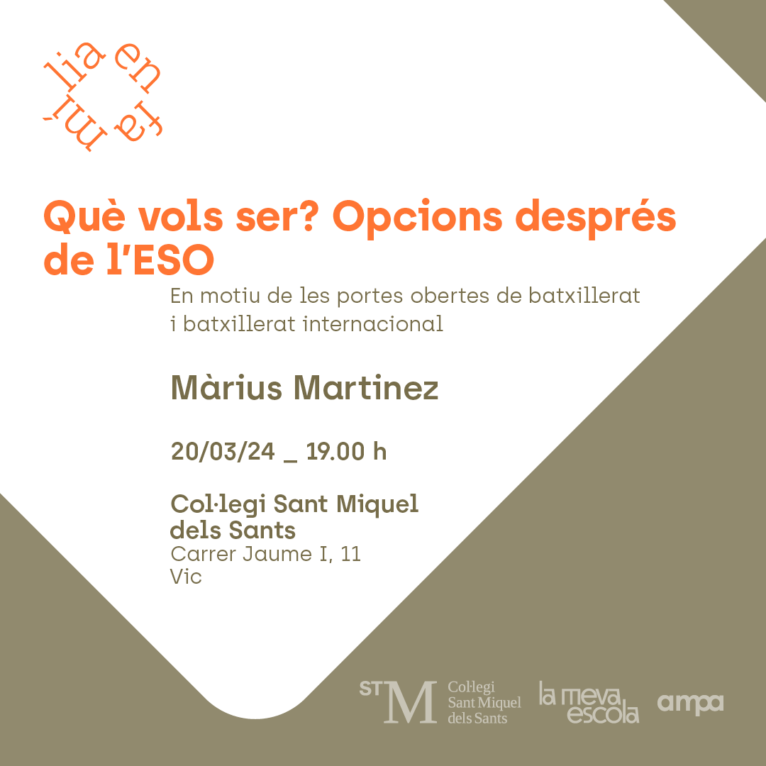 Nova conferència "En Família":  Què vols ser? Opcions després de l'ESO, a càrrec de Màrius Martínez. Us esperem dimecres 20 de març a les 19.00h al C/Jaume I.🙂#collegisantmiqueldelssants #lamevaescola #enfamilia #curs2324