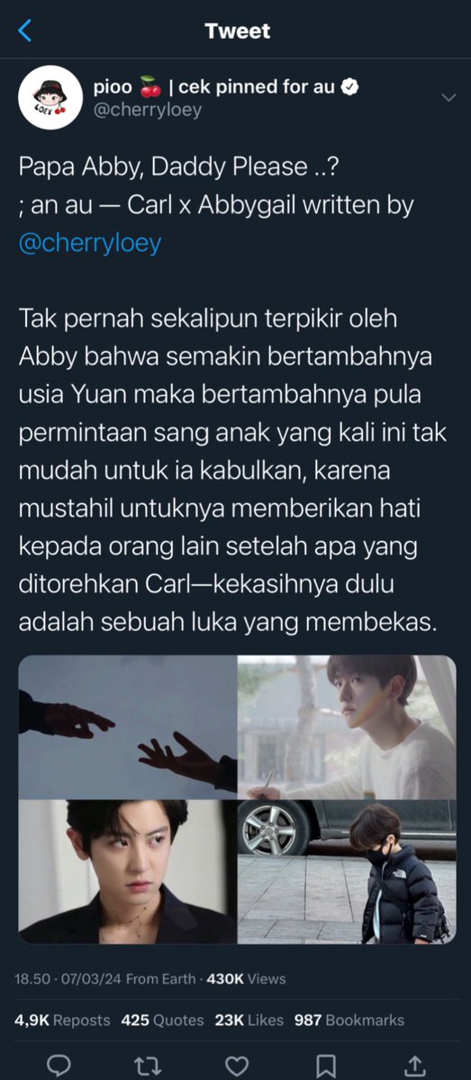 aprilisfouwrr's tweet photo. Papa Abby, Daddy Please
#. a chanbaek au written by ella

Carl adalah patah hati pertama Biga yang pergi setelah Biga memberikan segalanya untuk pria itu. Tapi tidak ada waktu untuk menangisi, lihat apa yang akan ia lakukan membuat pria itu mengejar dirinya.

Idol!PCY
Writer!BBH https://t.co/cTAQOiJ28j