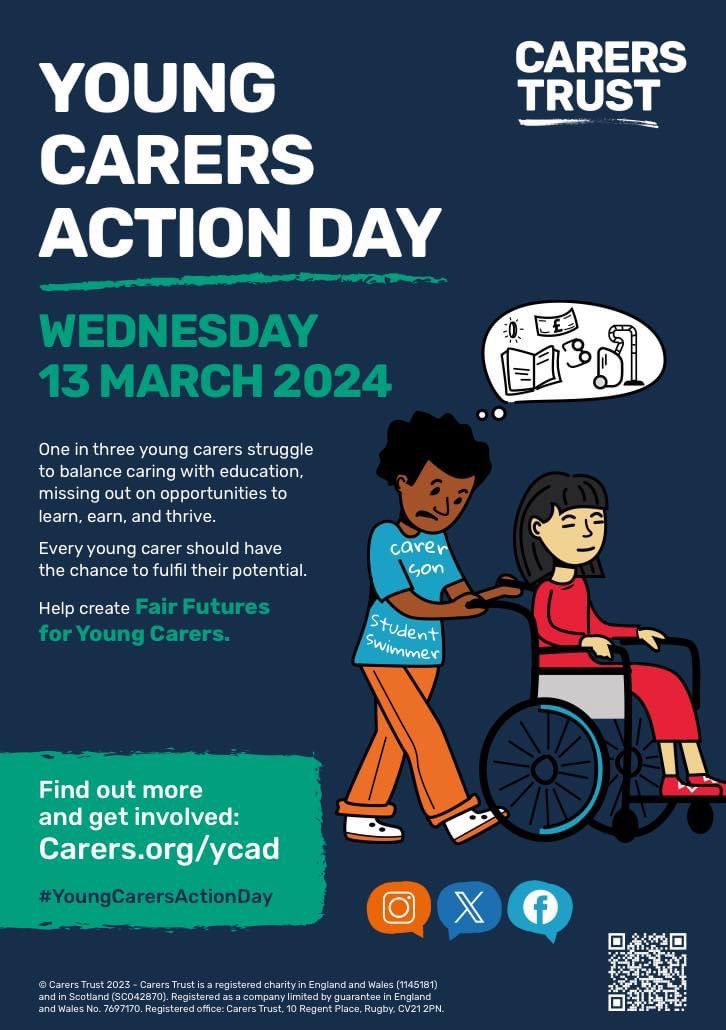 🤩 YOUNG CARERS ACTION DAY 2024 🤩 The theme for this year is Fair Futures We can all play a part in making fair futures for young carers a reality: governments, local authorities, schools, colleges, charities - everyone. carers.org/young-carers-a…