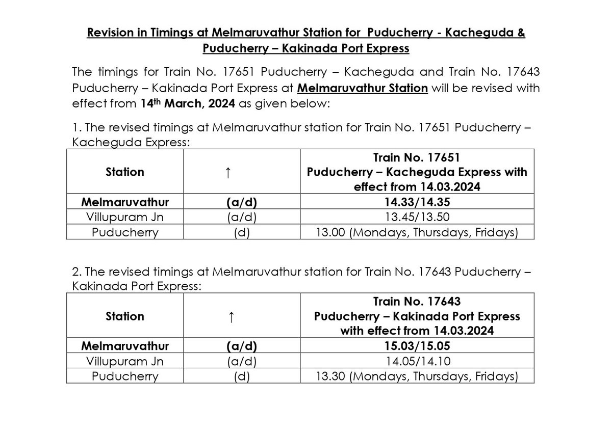 Revision in Timings

The timings for #Train No. 17651 #Puducherry – Kacheguda and Train No. 17643 Puducherry – Kakinada Port Express at Melmaruvathur Station will be revised with effect from 14th #March 2024

Kindly take note and plan your #travel

#SouthernRailway