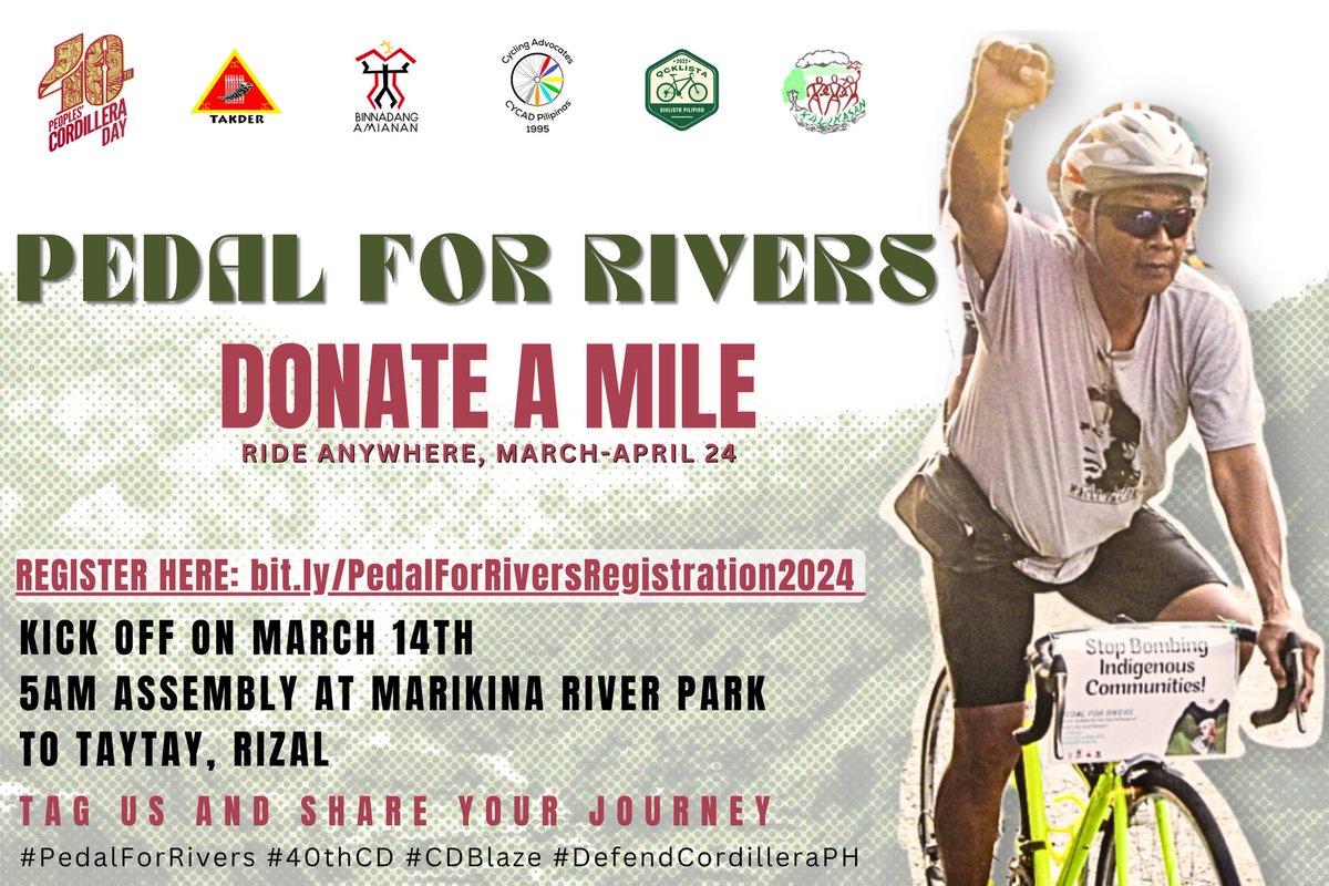 #PedalForRivers DONATE A MILE Campaign. Tomorrow, March 14 is the International Day of Action for Rivers and Against Dams, join us in hitting our 426km target, the trip distance from KM0 to Kalinga where the #40thCD will be held. 1/4