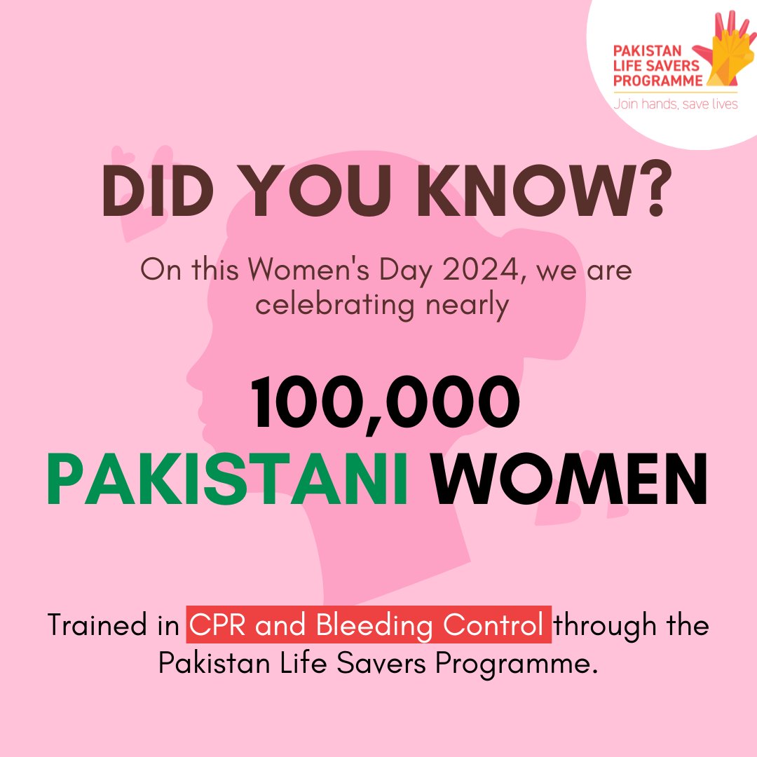 This Women's Day, March 8th, 2024, we're overjoyed to reveal a monumental achievement: Pakistan Life Saver Programme has successfully trained a staggering 100,000 Pakistani women in #CPR and #bleedingcontrol!