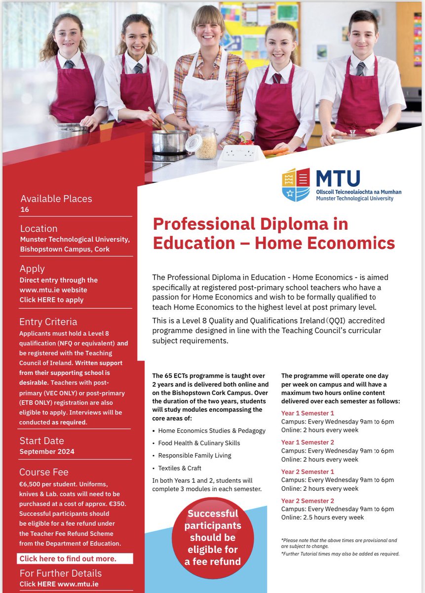 📢Calling all registered p.p. teachers. Have you a desire to add Home Economics to your TC registration. We are currently taking applications for our Prof. Diploma in Education- Home Economics. Part-time, blended, level8….More info mtu.ie/courses/crfhoe…