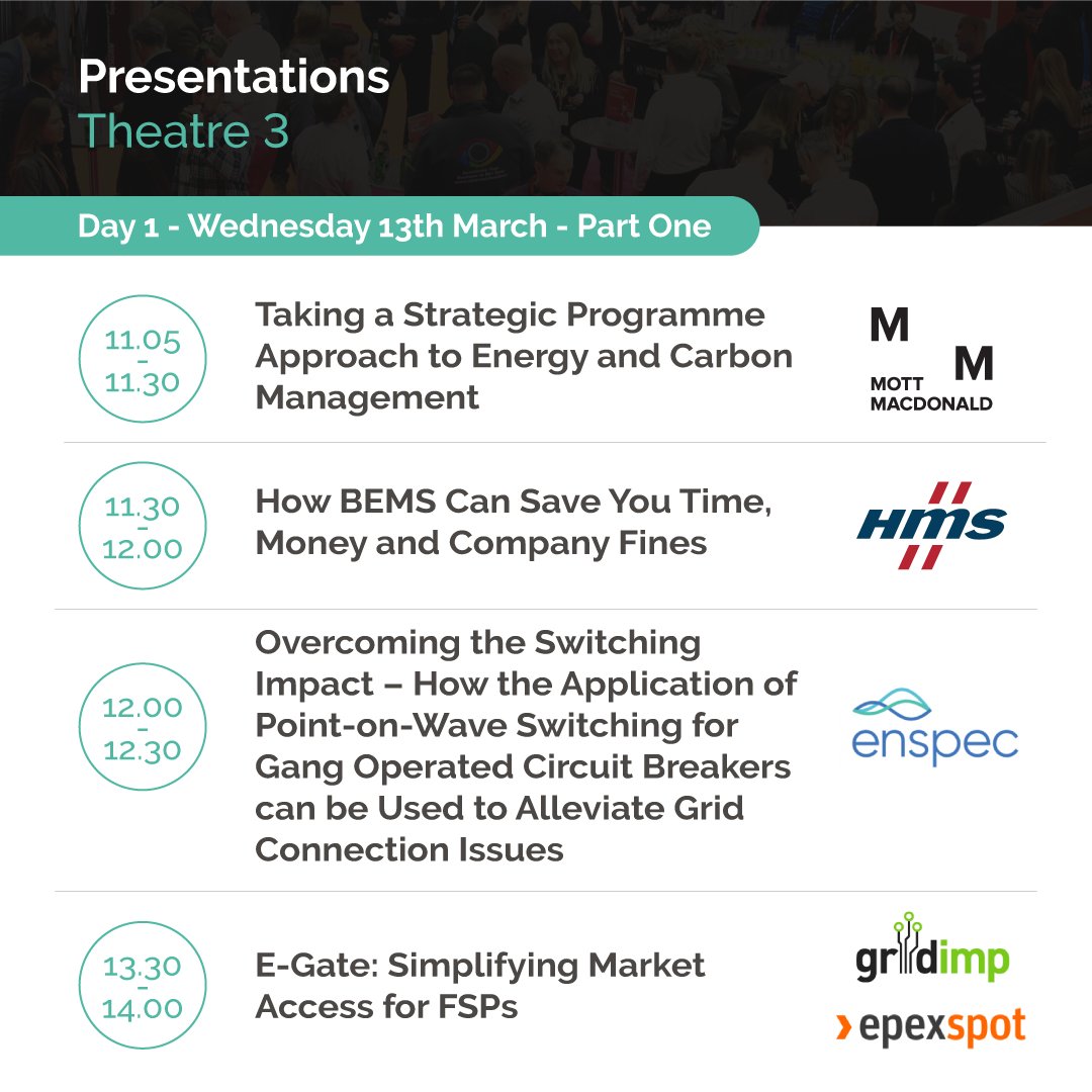Theatre 3 at @DistribEnergy is all about insightful presentations from individual companies: Here is the line up for part one of Theatre 3: @MottMacDonald, @hmsnetworks, @EnspecPower, @grid_imp and @EPEXSPOT_SE. View the full conference agenda: vist.ly/39tgy #DES24
