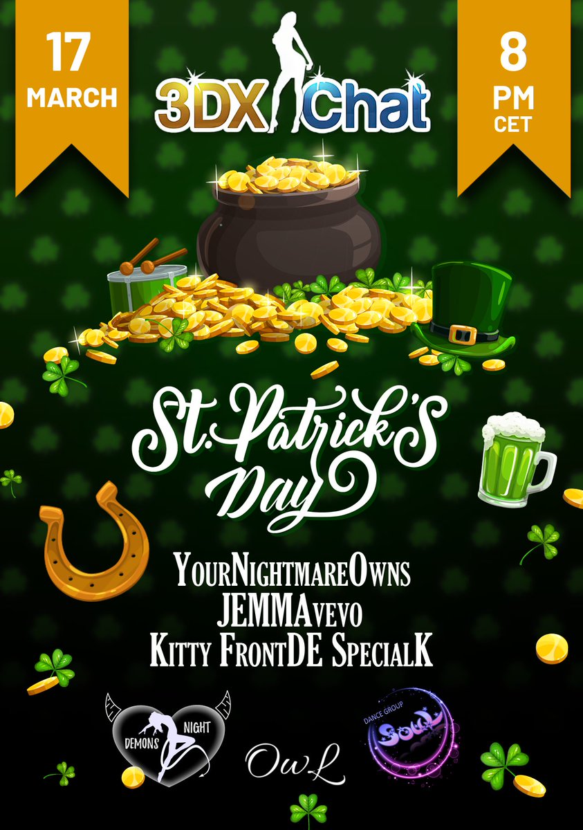 🍀 Join us for a night of fun and festivities this St. Patrick's Day, March 17th! Let's make some unforgettable memories together. 🎉 The celebration starts at 8 PM CET. Don't miss out on the luck of the Irish! #StPatricksDayParty #3DXChat #VirtualWorld