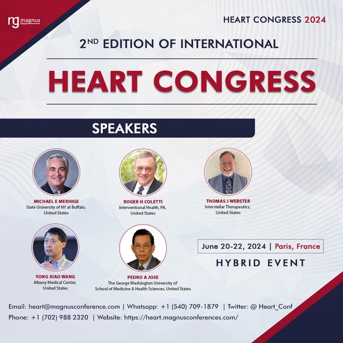 Get set to redefine expectations at 2nd Edition of International Heart Congress hosted by @magnus_group June 20-22, 2024 🚩Paris, France 📲1 (702) 988 2320 Enroll Now: heart.magnusconferences.com/register #HeartConferences2024 #CardiologyConferences