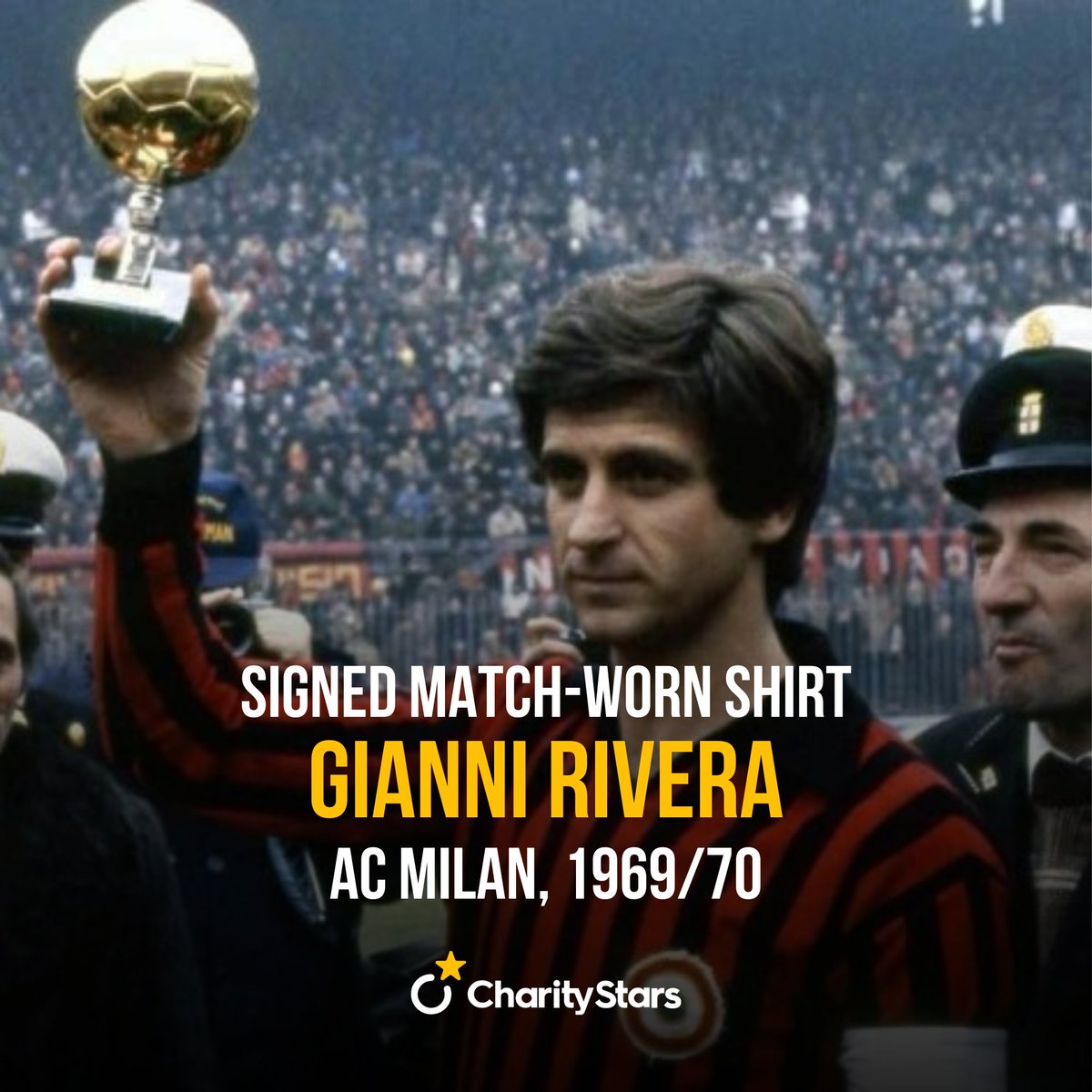 📢 Calling all AC Milan and historic shirts enthusiasts: this is a must-have piece for your collection! 🙌 Don't miss your chance to get your hands on a Gianni Rivera signed AC Milan shirt from the 1969/70 season! 🔴⚫️ 🔗: charitystars.com/product/rivera… #CharityStars #MatchWornShirts
