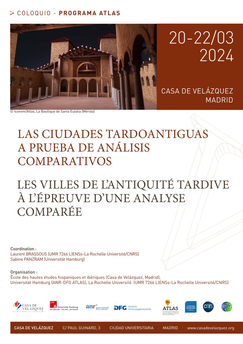 ATLAS (@atlas_cities) on Twitter photo 📢 Coming soon‼️ Next week, from the 20th to the 22nd March, we will hold our closing #workshop at the <a href="/casadevelazquez/">Casa de Velázquez</a> in Madrid. Several specialists will join us to continue the debate on #urbanism in #LateAntiquity More info👇
casadevelazquez.org/es/investigaci… 📢 Coming soon‼️ Next week, from the 20th to the 22nd March, we will hold our closing #workshop at the <a href="/casadevelazquez/">Casa de Velázquez</a> in Madrid. Several specialists will join us to continue the debate on #urbanism in #LateAntiquity More info👇
casadevelazquez.org/es/investigaci…