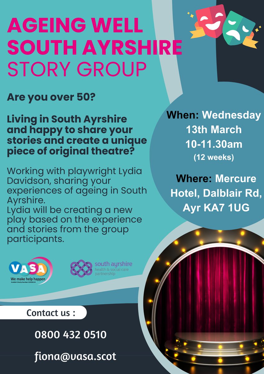 Ageing Well South Ayrshire Story Group - Are you over 50? Living in South Ayrshire and happy to share your stories and create a unique piece of original theatre. Call 0800 432 0510 or email fiona@vasa.scot