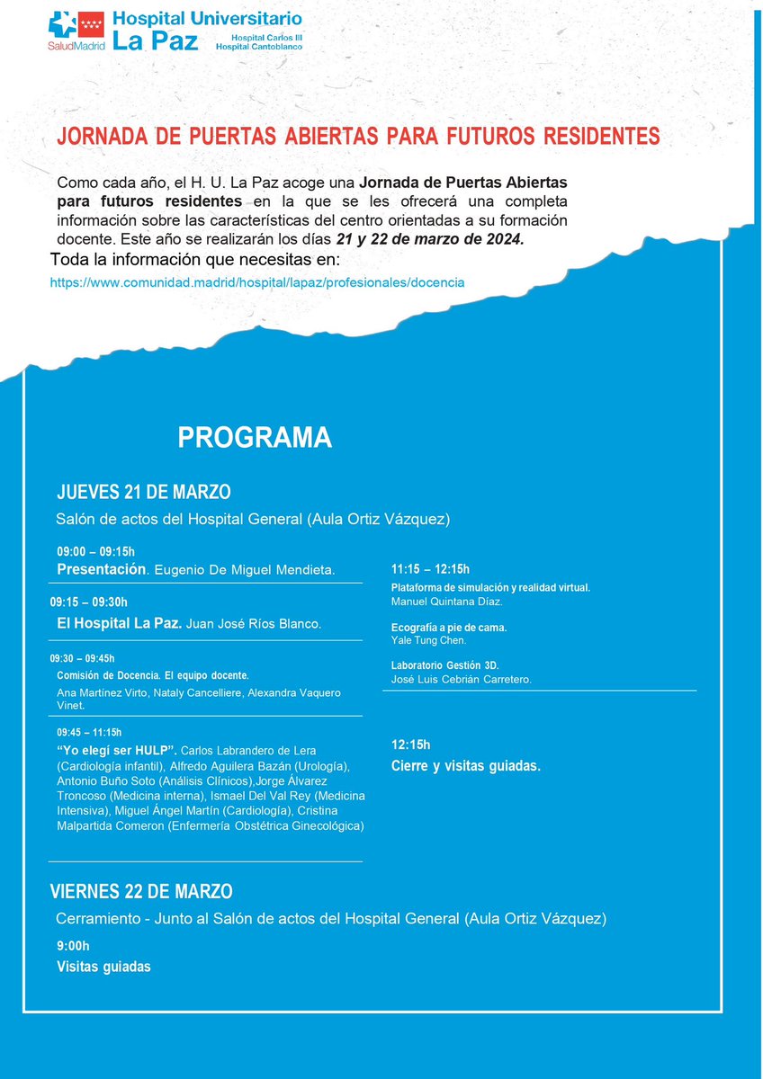 🔹Quieres ser hulp?
🔹A que estas esperando‼️

El próximo jueves 21 y viernes 22 de Marzo ven a vernos y conoce el hospital y las especialidades de la mano de nuestros residentes.

Toda la información que necesitas en: comunidad.madrid/hospital/lapaz…