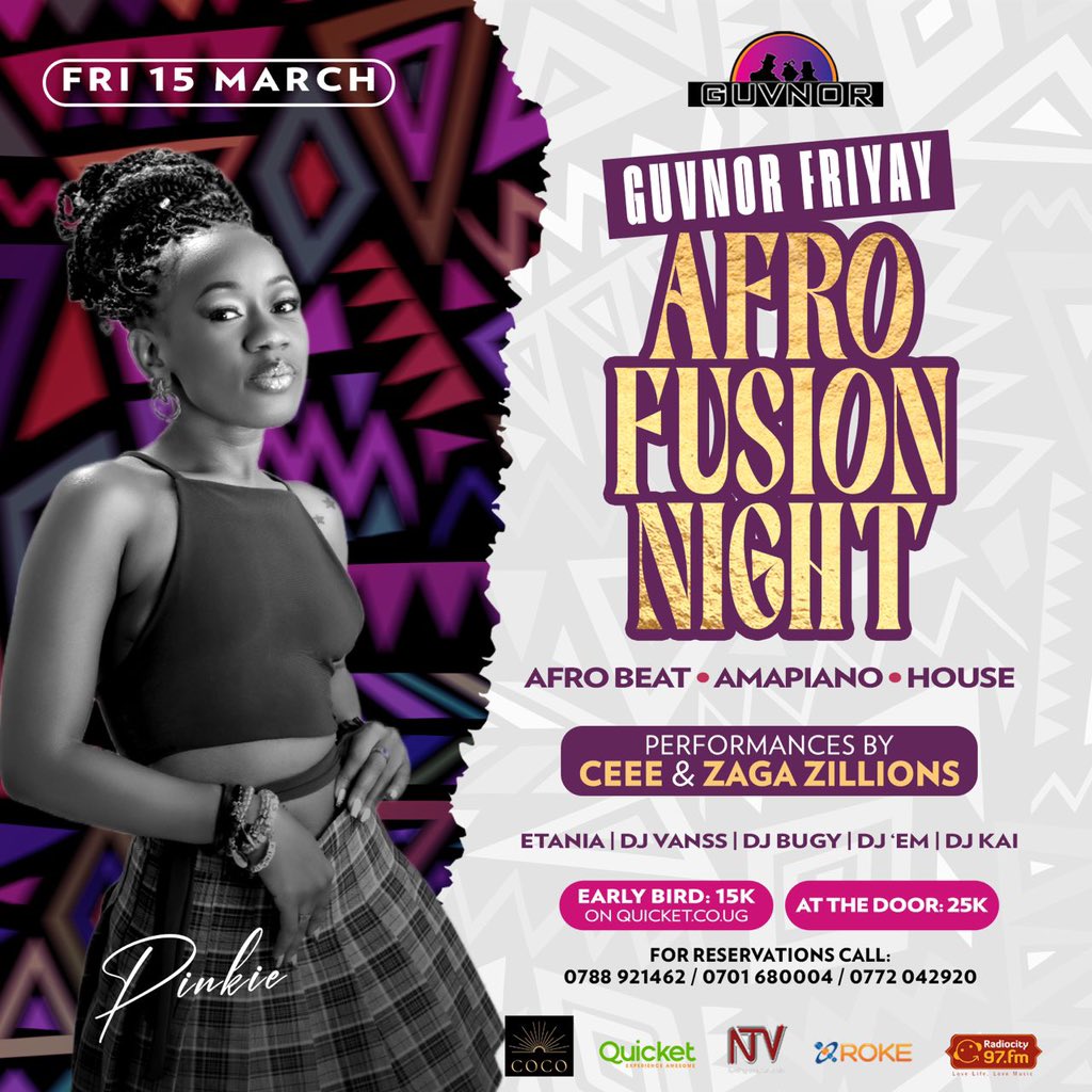 AFRO FUSION NIGHT This Friday @GuvnorUganda is doing it the African way. Afro beat, amapiano and house music strictly African. With the best Deejays & Emcees 💯 Now this is the kind of vibe you don’t want to miss. #GuvnorFriYAY #GuvnorGovernsTheNight