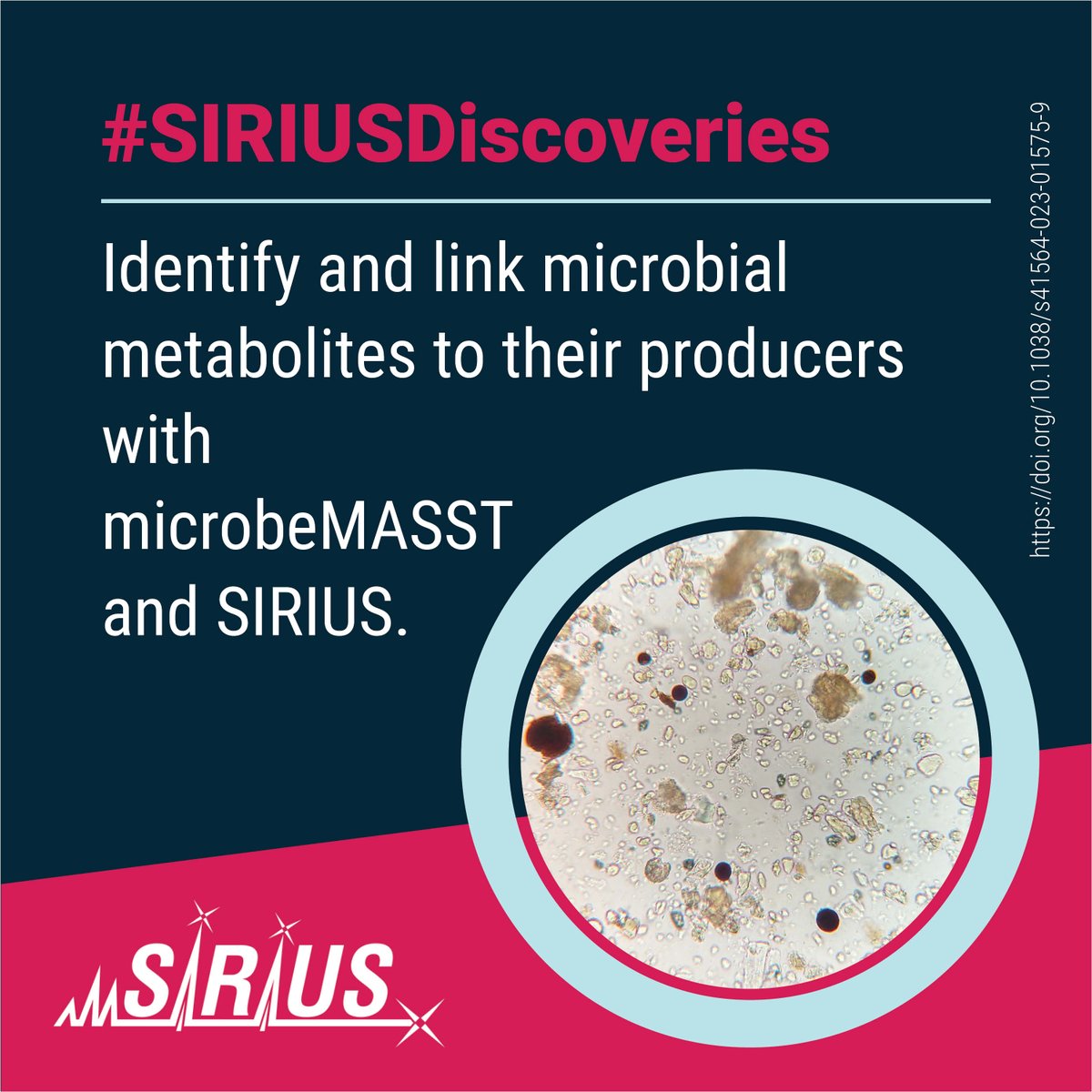 Identify and link microbial metabolites to their producers with #microbeMASST and #SIRIUS_MS.

📄@simonezuffa @Pdorrestein1
doi.org/10.1038/s41564…

👩‍🔬 More #SIRIUSDiscoveries: bright-giant.com/discoveries/

#CANOPUS_MS #MSSoftware #SmallMolecules #MassSpectrometry #UntargetedAnalysis