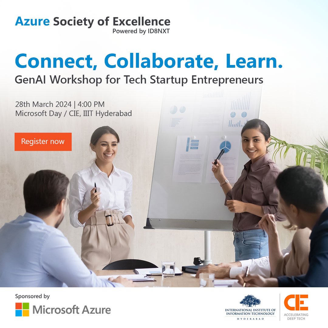 cieatiiithyd's tweet photo. Join the conversation on Generative AI and fuel your startup's growth at the Founder Meet-up at Microsoft AI Day hosted by Microsoft, IIIT Hyderabad &amp; Azure Society! 

Secure your spot now: https://t.co/RB94HmICRb

#MicrosoftAIDay #Startups #AzureSociety #CIEIIITH #IIITHyd https://t.co/aZG8ztWToU