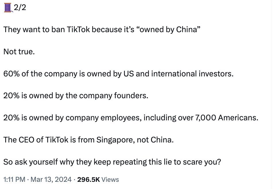 TPV_John's tweet photo. The Government is BOLD FACE LYING TO YOU about this TikTok Bill! 🚨🚨🚨

The US TikTok algorithm doesn’t even run through China to begin with.

It runs through Oracle servers in the UNITED STATES.

TikTok is a MAJORITY AMERICAN OWNED COMPANY.

The CEO of ByteDance isn’t even Chinese, he is from Singapore.

.@RandPaul KNOWS THE TRUTH.

They are LYING to you to siphon away MORE OF OUR FREEDOMS AND LIBERTIES. Just like with the Patriot Act, this is NO different. They will continue until we are literally in a walled digital PRISON.

You are being perpetually programmed with FEAR BASED PROPAGANDA about the CCP when that is just a COVER for the REAL THREAT.

TRUTH IS…The CCP doesn’t scare me even HALF AS MUCH as our own Government does.

BETTER WAKE UP…

THIS IS A MASSIVE ATTACK ON OUR 1ST & 5TH AMENDMENTS!!!