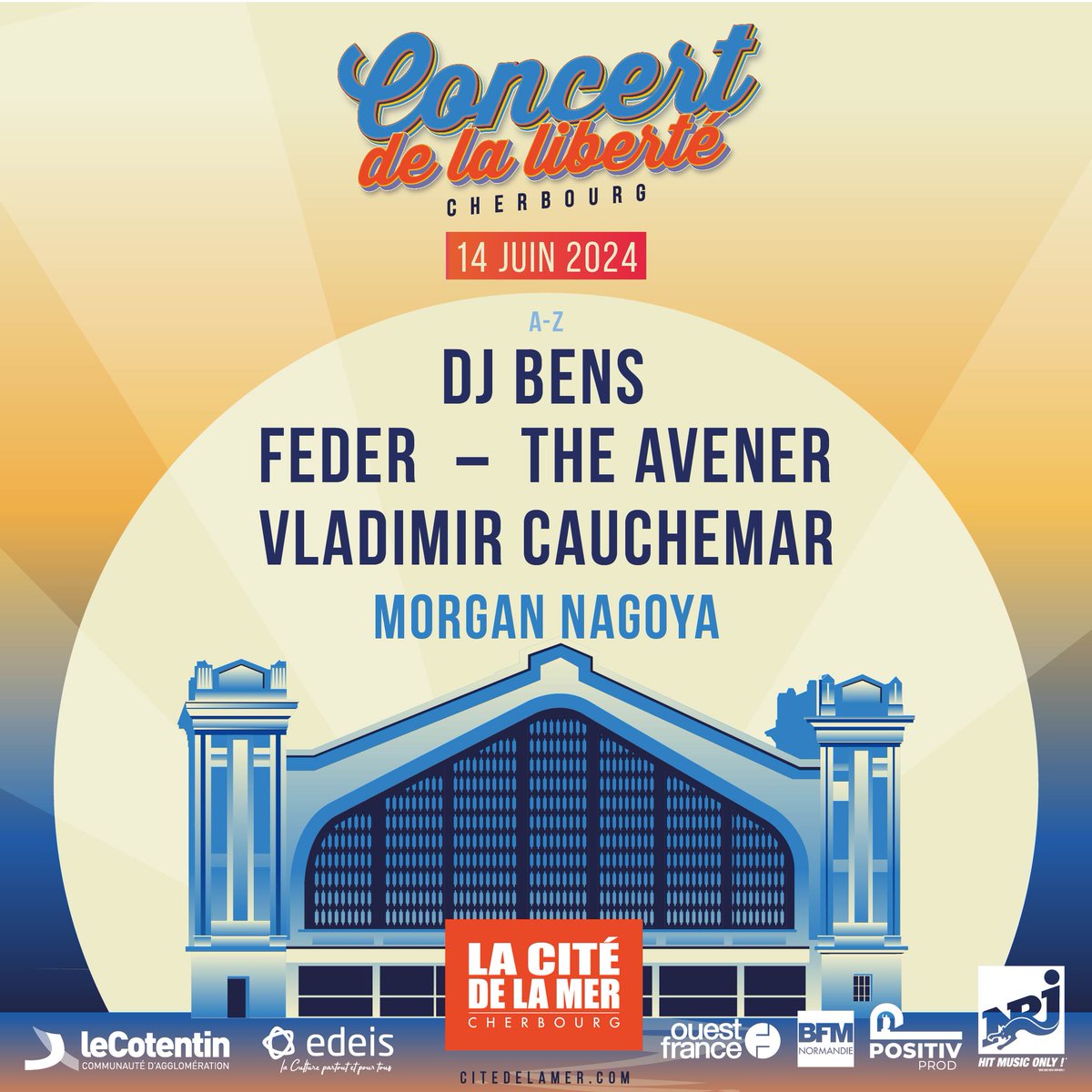 Rdv le 14 juin dans la Grande Halle pour un #concert électro exceptionnel avec @Feder_Music @deejaybens @TheAvenerMusic @vladcauchemar @MNagoyaOfficial 🎶🎛️ Achetez vos places sur shotgun.live/fr/events/conc… @EdeisOfficiel #normandie #cherbourg #cotentin