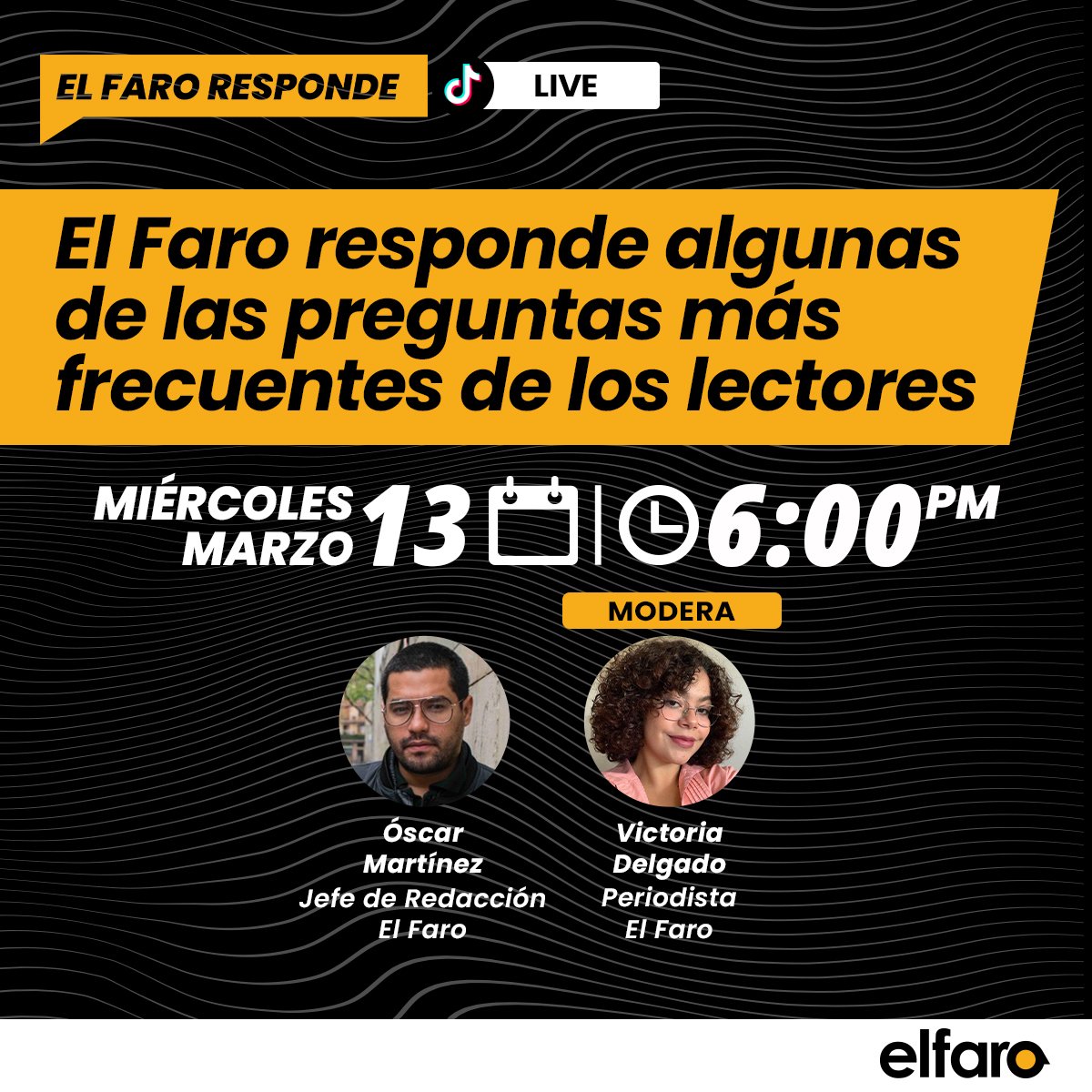 Acompáñanos HOY, a las 6:00 p.m., en este TikTok Live, para que conozcas las respuestas a las preguntas más frecuentemente que nos hacen nuestros lectores. Síguenos en TikTok para que no te pierdas la transmisión y ninguno de nuestros contenidos: tiktok.com/@elfaro.net