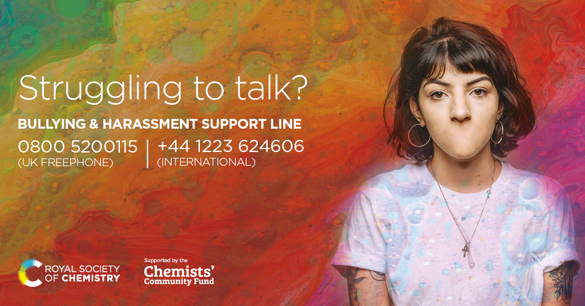 If you have encountered bullying or harassment in the workplace, talking to someone you know can feel impossible. The @RoySocChem support service is here for you. rsc.li/support #ChemEquality #STEM