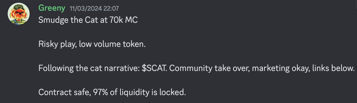greenytrades's tweet photo. It's great to see older coins like $SCAT and $POPCAT see some love again recently.

Take $SCAT for example:

Called in my group at 70k
Hit $760k

10.85x profit! 

Can $SCAT hit 1M?!