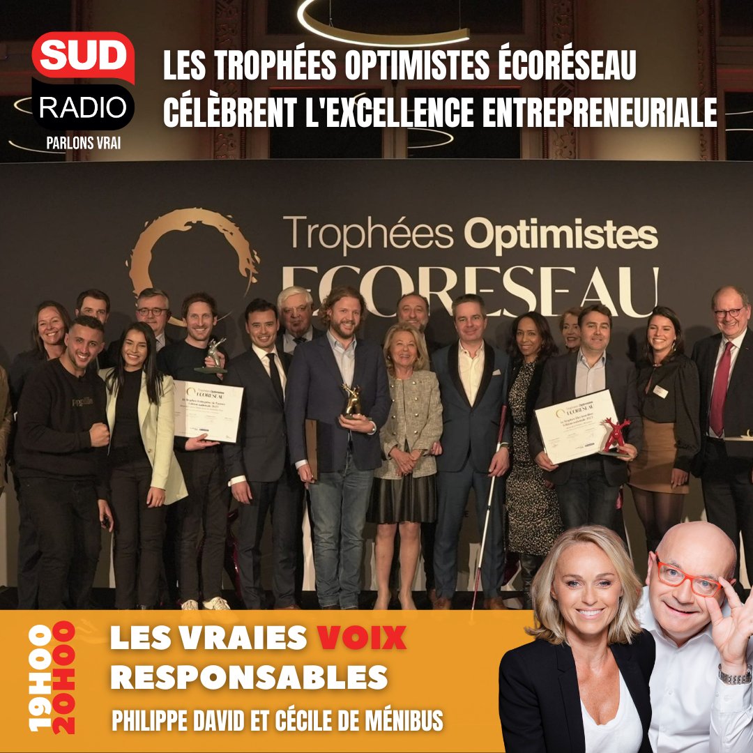 🟠 #LesVraiesVoix Responsables - @cecile2menibus & @PhDavidMtb ▪️ Les Trophées Optimistes ÉcoRéseau célèbrent l'Excellence Entrepreneuriale 🎙️ @leprinceJeanba1, @d_restino, Frédérique Dorso, @mazaic, @thebagh 🕰️ RDV à 19h sur #SudRadio ⌨️ sudradio.fr