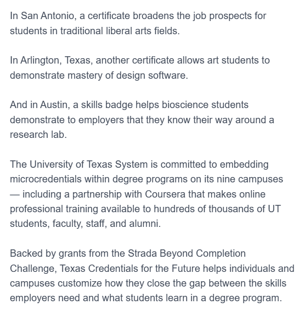 ShalinJyotishi's tweet photo. A smart use-case for #microcredentials in Texas, supported by @stradaeducation. 

Alone, microcredentials can be risky and often don't pay off.

But when embedded within degrees, they can support skill attainment and augment degree education.

https://t.co/I93lhHWD25 https://t.co/Sbics5mSV9