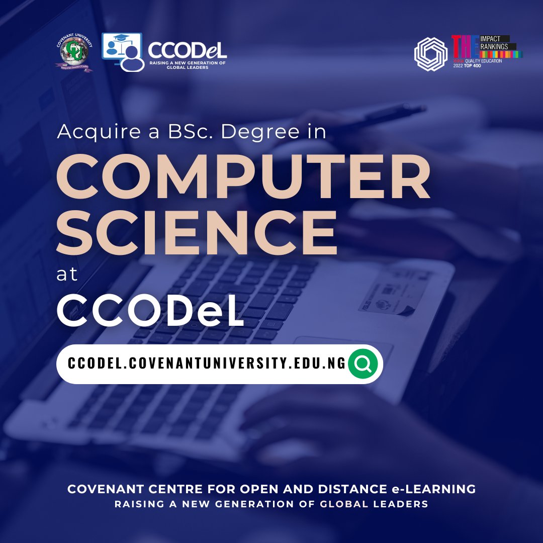 <a href="/cu_ccodel/">CCODeL</a> offers flexible learning options! Get started with a world-class education today.
#ODeL #ComputerScience #BachelorsDegree #DigitalEducation #elearning #HigherEducation <a href="/CUHEBRON/">Covenant University</a> <a href="/CovenantUAlumni/">Covenant University Alumni Association (CUALA)</a> @CCODeL #CCODeL
ccodel.covenantuniversity.edu.ng