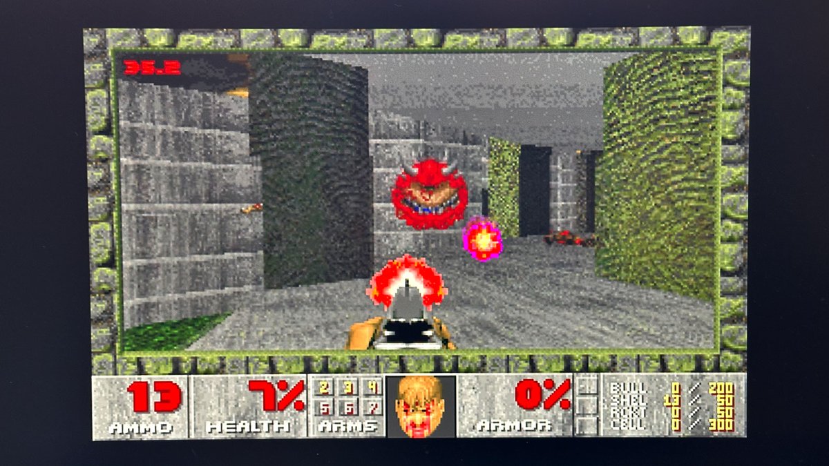 martinlukasek's tweet photo. It's a weird time. I built myself a #PiStorm32-lite CM4 accelerator so I can play #DOOM, which is originally an MS-DOS game, on an unbelievably fast 68040 processor emulated by a Raspberry Pi, in an #Amiga #A1200 retro computer emulating #macOS 8.1 using ShapeShifter ;-) https://t.co/qDaLGvwgr4
