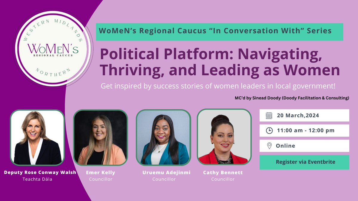 WoMeN's Regional Caucus (@mnwcaucus) on Twitter photo Join the WoMeN's Regional Caucus for our next Webinar session which takes place next Wed, March 20th, 11:00am – 12:00pm online.
Our panel includes WoMeN’s Regional Caucus members & guest speaker <a href="/conwaywalsh/">Rose Conway-Walsh</a>. Don't miss this insightful session!
Register➡️bit.ly/3wUWlwI Join the WoMeN's Regional Caucus for our next Webinar session which takes place next Wed, March 20th, 11:00am – 12:00pm online.
Our panel includes WoMeN’s Regional Caucus members & guest speaker <a href="/conwaywalsh/">Rose Conway-Walsh</a>. Don't miss this insightful session!
Register➡️bit.ly/3wUWlwI