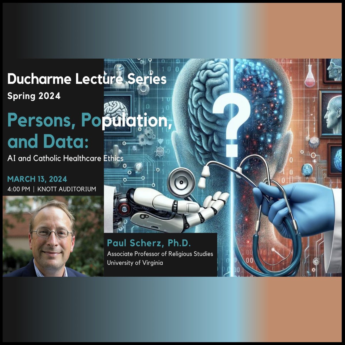 Join us for an engaging discussion on the intersection of AI and Catholic ethics in healthcare. Dr. Paul Scherz will explore how AI diagnoses patients and the cost of the convenience of AI.
Today at 4pm in Knott Auditorium.