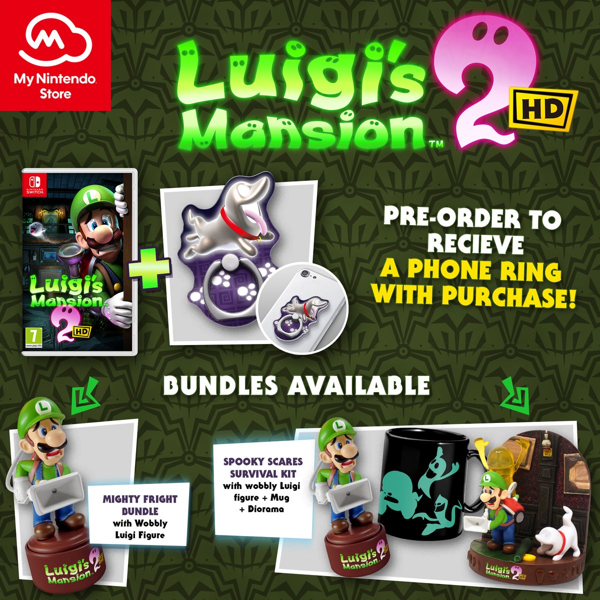 👻 Luigi's Mansion 2 HD - MNS Bundles All @nintendostoreuk pre-orders come with a Luigi's Mansion 2 Phone Ring! • Game - £49.99 • Game + Wobbly Luigi Figurine - £54.99 • Game, Diorama, Mug + Wobbly Luigi Figurine - £68.99 🔗 Link: tidd.ly/3PkjMpt #AffiliateLink