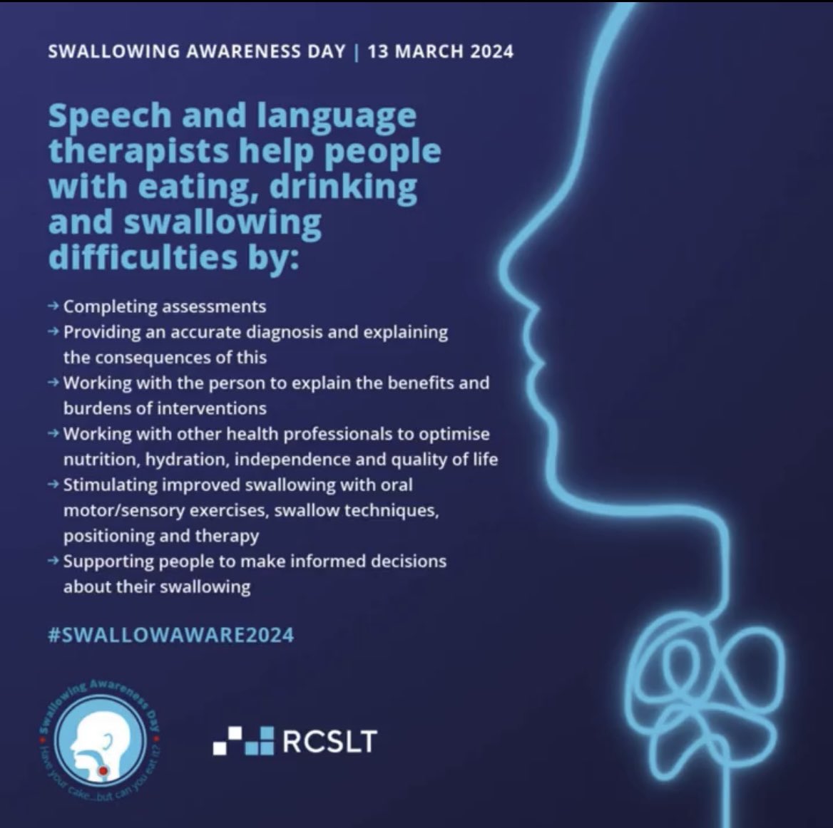 It's Swallow Awareness Day 2024 everyday SLT teams support patients with eating, drinking and swallowing difficulties, dysphagia and other related issues. #SwallowAware2024