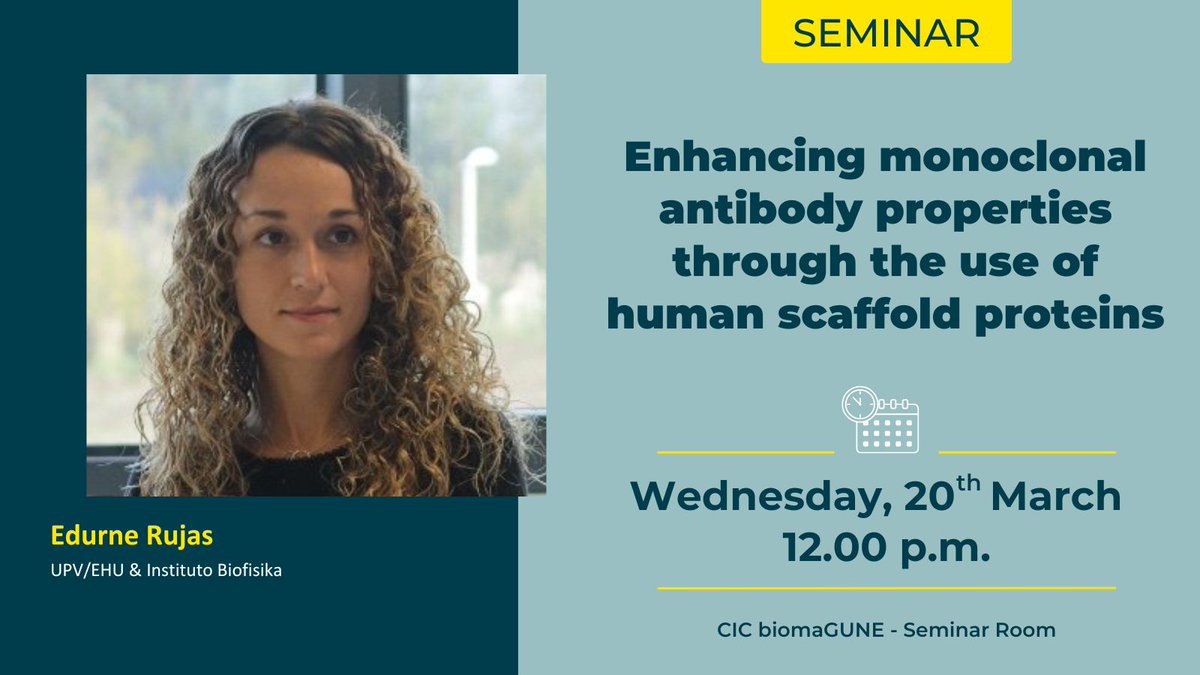 #CICbiomaGUNEseminars 

👨‍🏫 Edurne Rujas 
🗓️ 20 March 2024
✅ Enhancing #monoclonal antibody properties through the use of #human #scaffold #proteins

<a href="/EdurneRujas/">Edurne Rujas</a> @ikerbasque <a href="/BiofisikaScienc/">Biofisica</a>
#science #ciencia #research #investigacion #seminar #seminario #donostia