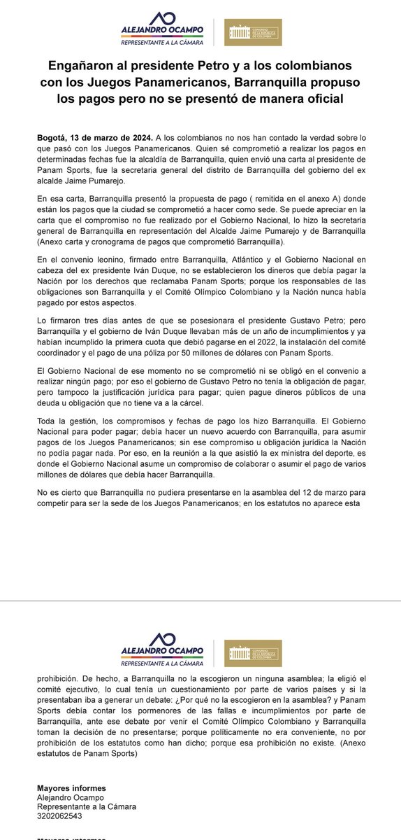 #ComunicadoDePrensa

Fue la Alcaldía de Barranquilla la que se había comprometido a hacer los pagos en determinadas fechas y no lo hicieron.

¡Engañaron al presidente @petrogustavo y a los colombianos con los Juegos Panamericanos!