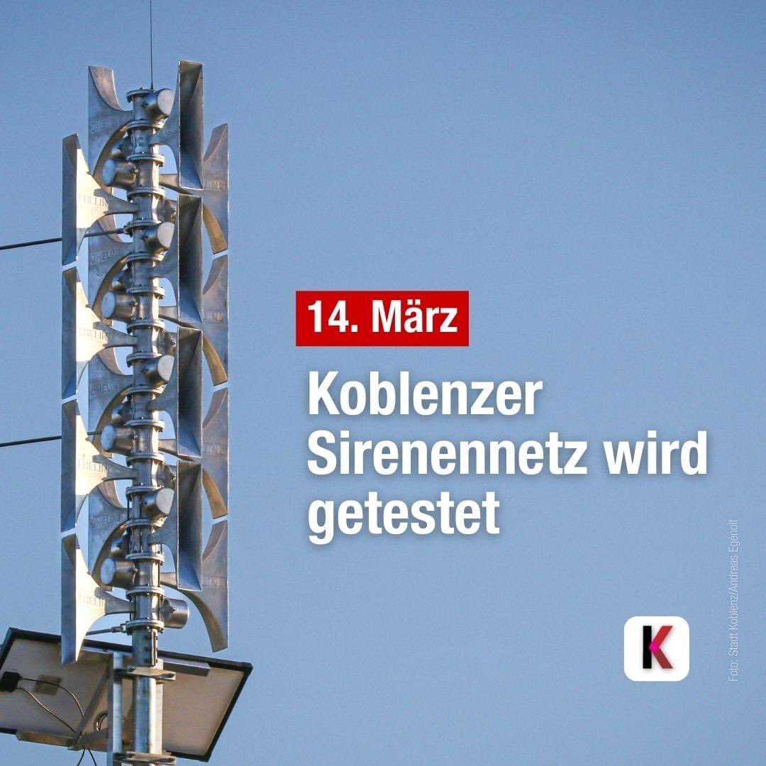 FWKoblenz's tweet image. Am morgigen Donnerstag steht ein Test für das Koblenzer Sirenen Warn- und Informationsnetz an. Um 11 Uhr wird der Warnton, ein 1-minütiger auf- und abschwellender Ton, ausgelöst. Danach erfolgt eine Durchsage, dass es sich um einen Probealarm handelt und keine Gefahr besteht(1/6)