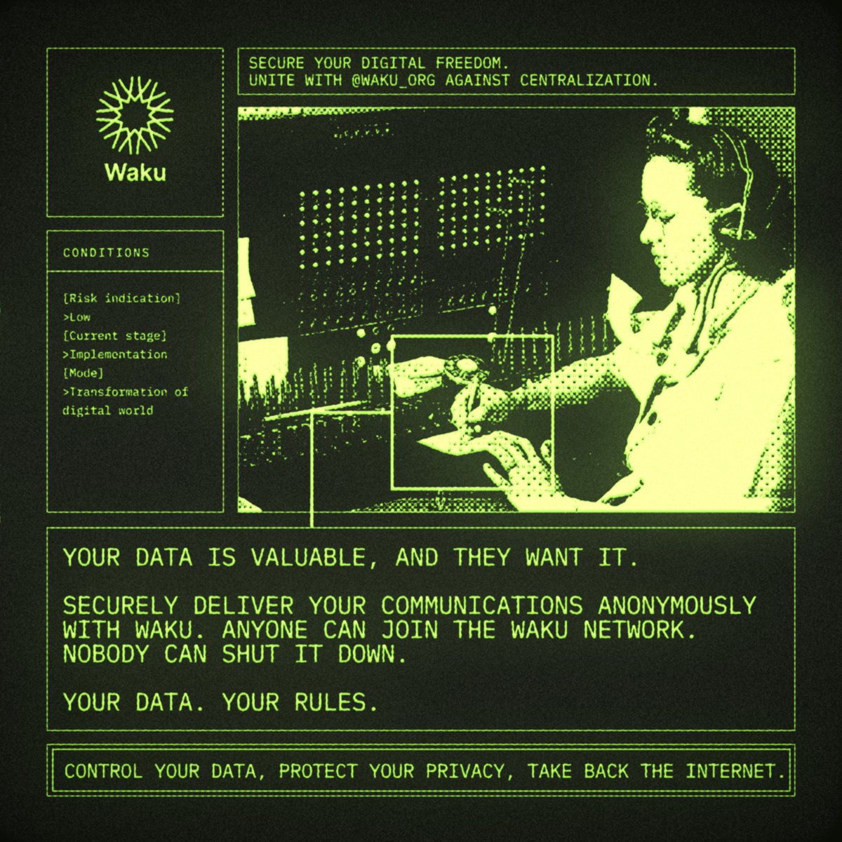 Secure your digital freedom. Unite with <a href="/Waku_org/">Waku</a> against centralization.