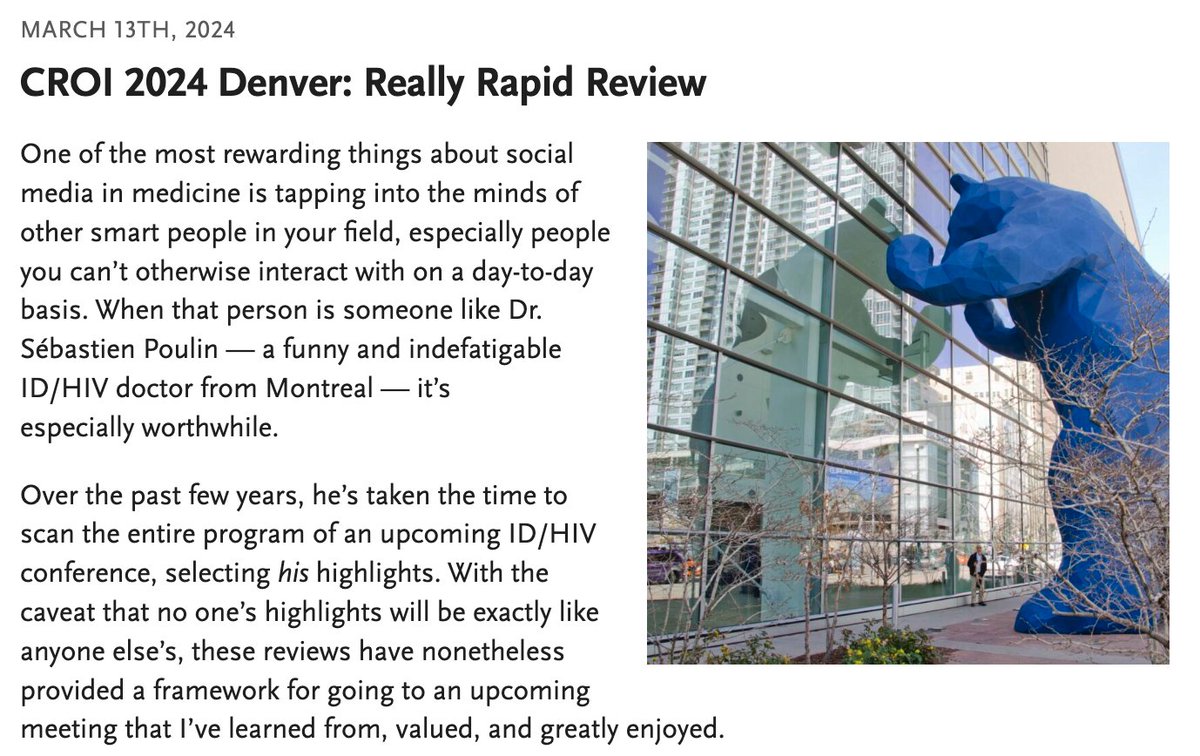 #CROI2024 finished last week in Denver, but for those who missed it, here's a Really Rapid Review. It starts by missing @sebpoule's preview, and finishes looking back at the previous Denver CROI, for old time's sake. In between, #CROI2024 highlights! blogs.jwatch.org/hiv-id-observa…