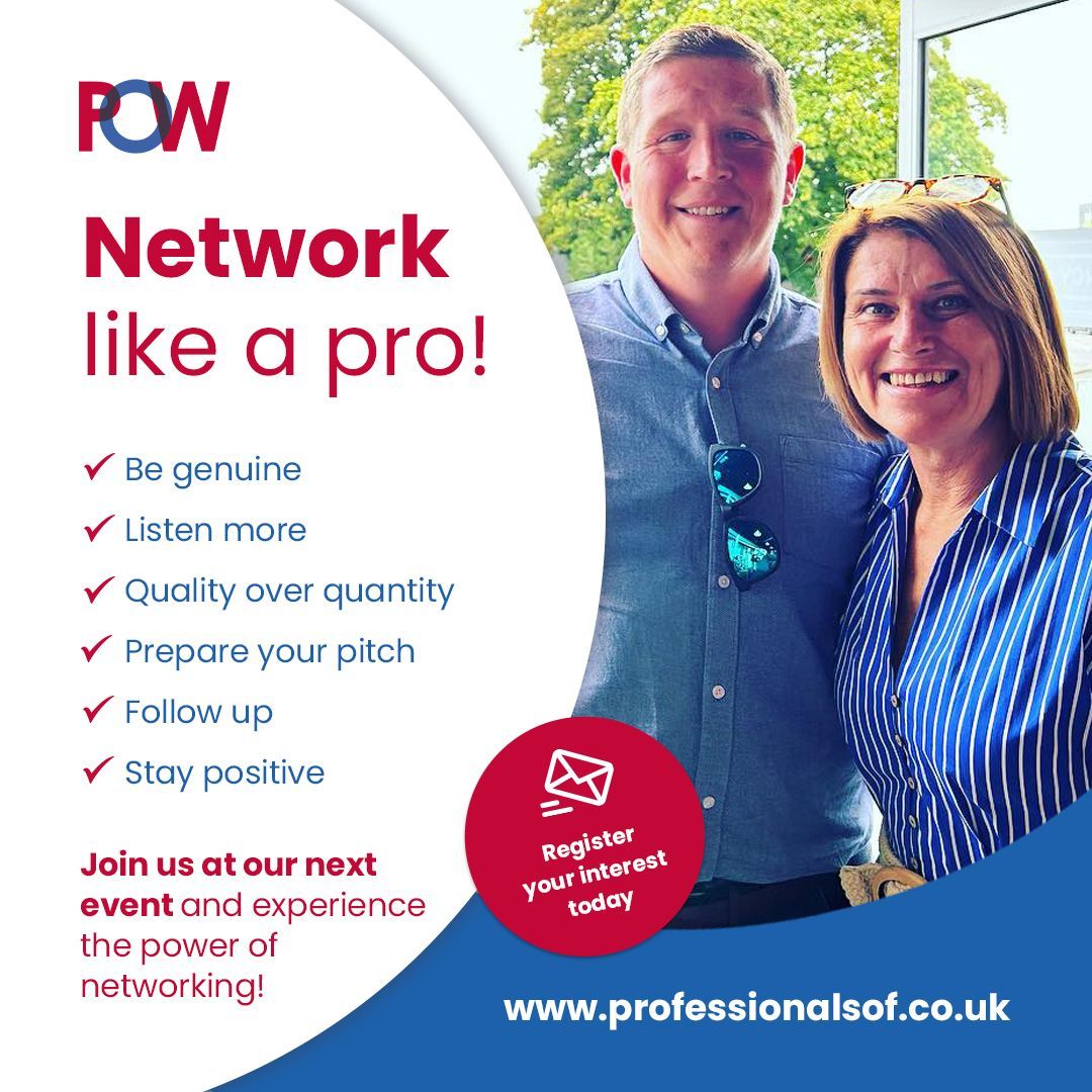 Here’s how to make every interaction count at POW events: 

👤 Be Genuine 
👂 Listen More 
🔍 Quality Over Quantity 
💼 Prepare Your Pitch
📬 Follow Up 
😊 Stay Positive   
 
Let’s connect, grow, and succeed together! 
💻  buff.ly/3qClgzf 

#POW #wigannetworking