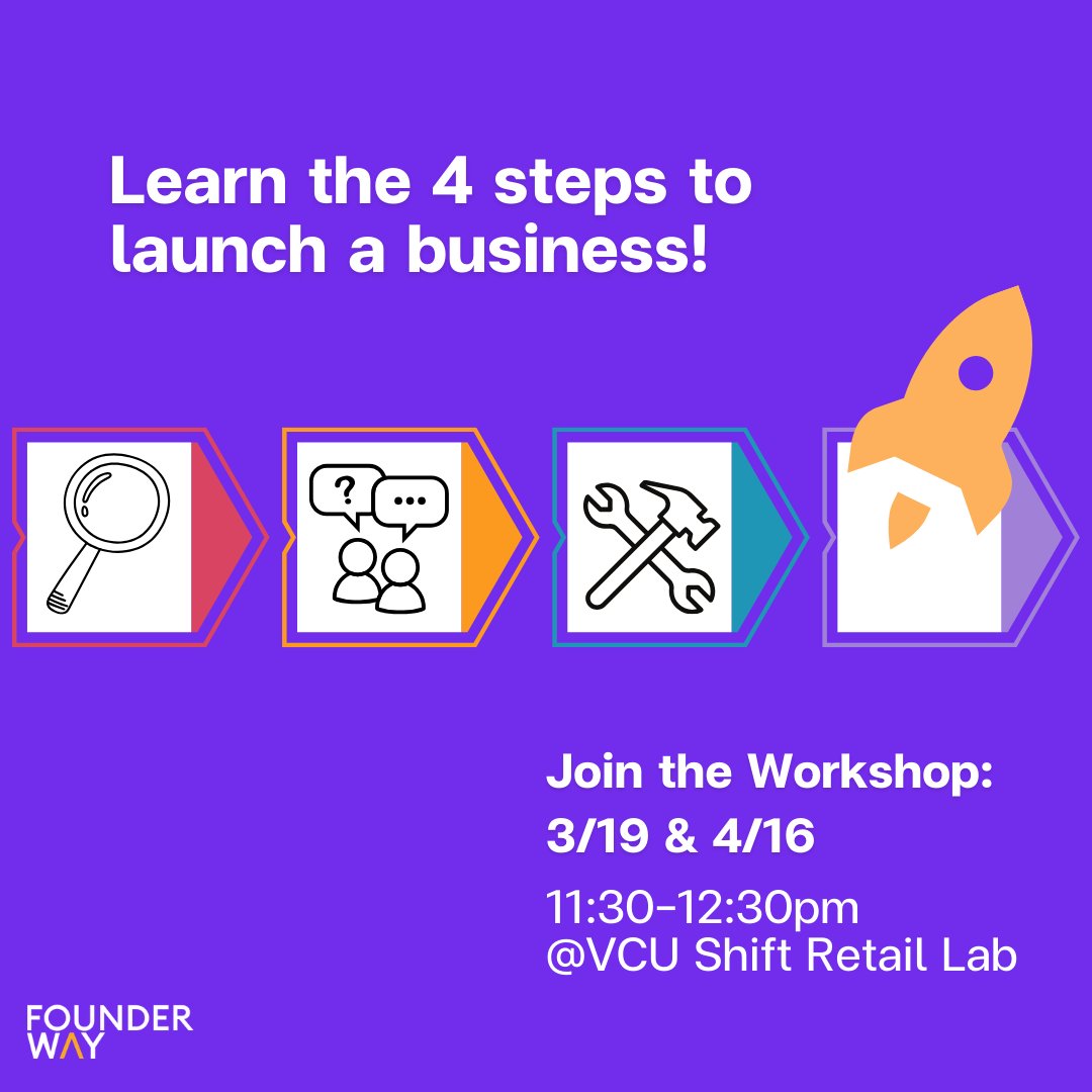 FounderWayAI's tweet image. Don’t miss out on learning the 4 steps to launching a business!

Join  us to learn:
 🪜 4 idea to first customer steps
🤖  How to use AI to move faster
💸  How to keep your costs down

Workshop details:
3/19 &amp;amp; 4/16
11:30-12:30pm
at VCU Shift Retail Lab

#AI #workshop #startups