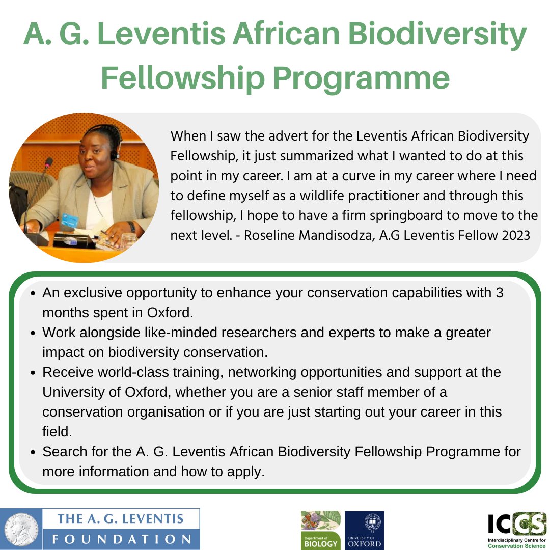Just over two weeks left to apply for the 2025 Leventis African Biodiversity Fellowships! Apply at bit.ly/Leventis2025. Thanks to ICCS intern, Minori, for creating this graphic 😃