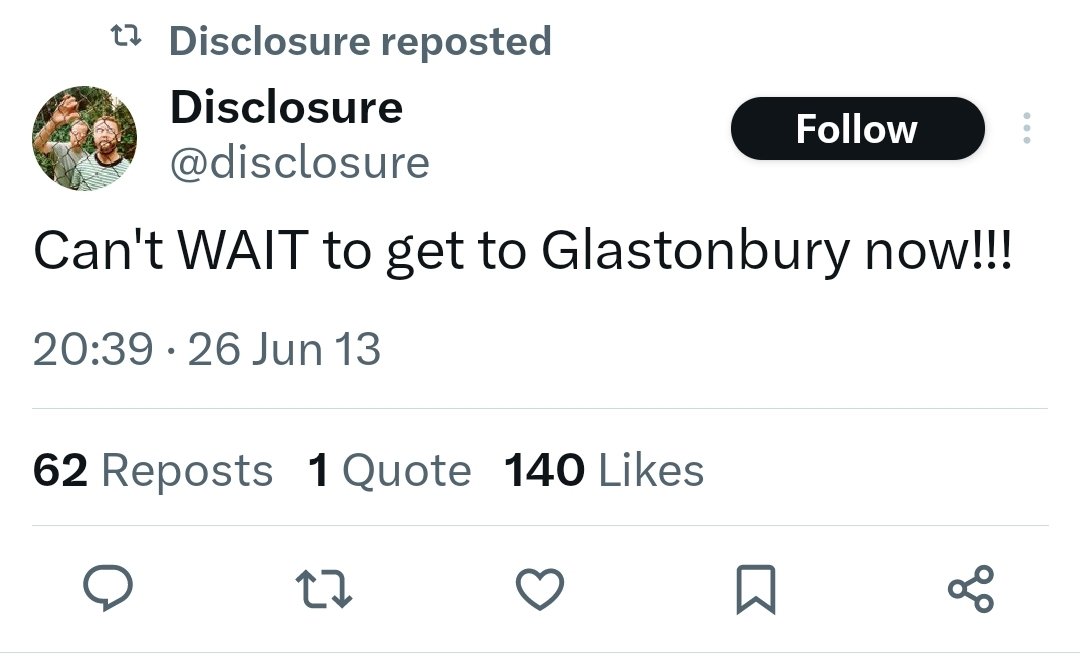TheGlastoThingy's tweet photo. 🚨 SELF CONFIRM 🚨 

A few hints yesterday but Disclosure have just retweeted themselves from 2013. I think we can count that one as nailed on.

#Glastonbury #Disclosure https://t.co/XDXXEpgNqI